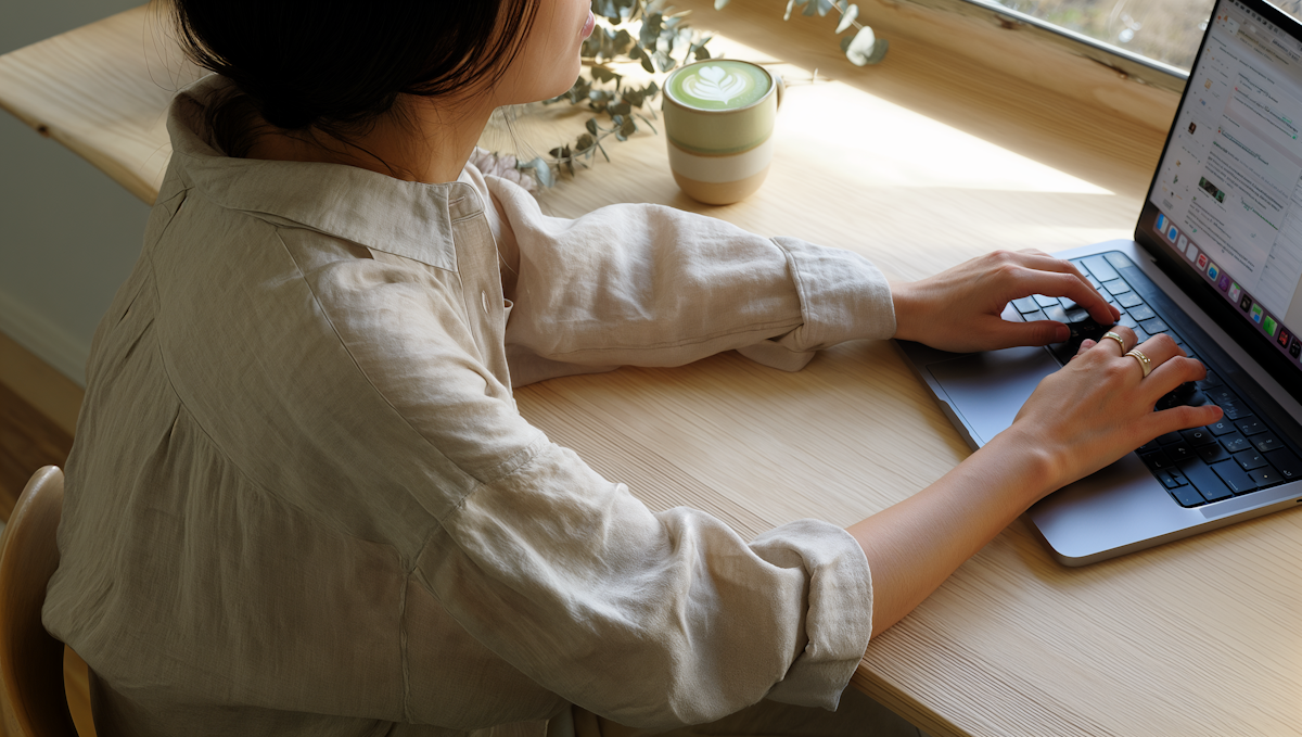 A person working on a laptop at a wooden desk with a latte and eucalyptus leaves, illuminated by natural light from a nearby window.
