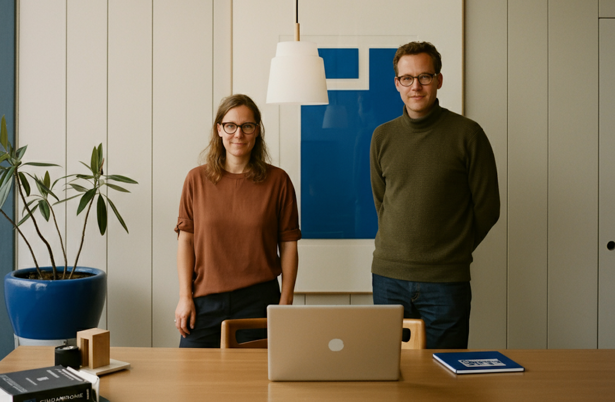 Two colleagues in a modern office, standing by a table with a laptop and books, framed by minimalist decor and a bold blue artwork.