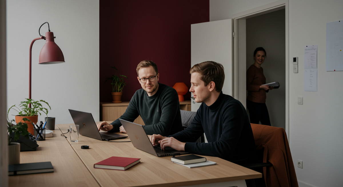 wo men sit side-by-side at a shared desk, focused on their computer screens in a bright office. In the background, a woman walks past the open doorway, glancing inside at their progress